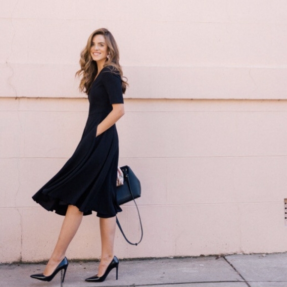 Gal Meets‎ Glam Edith City Crepe Fit & Flare Classic Black Midi Dress Size 6 - Picture 3 of 13